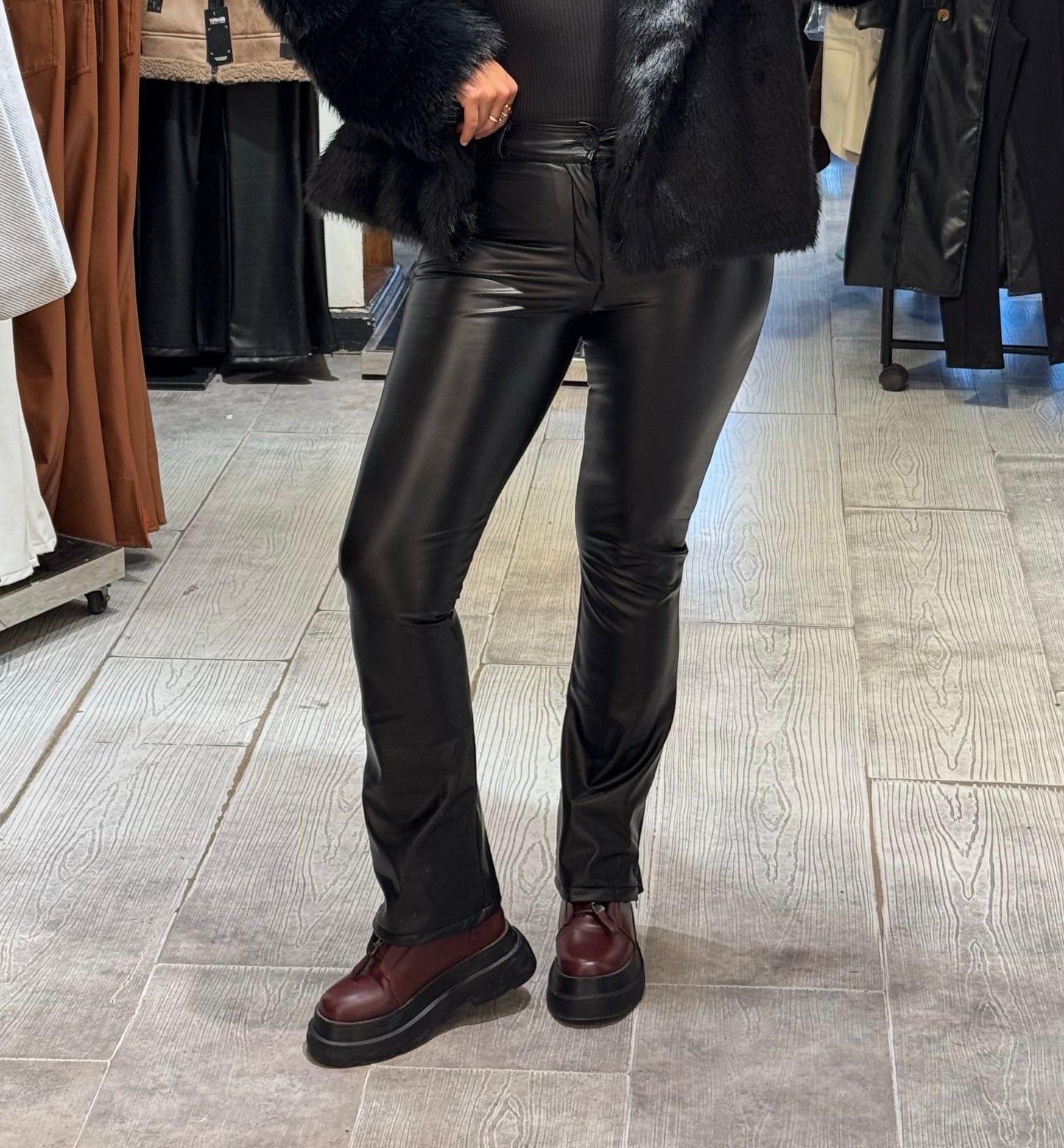 Black flare fit leather pants with zipper