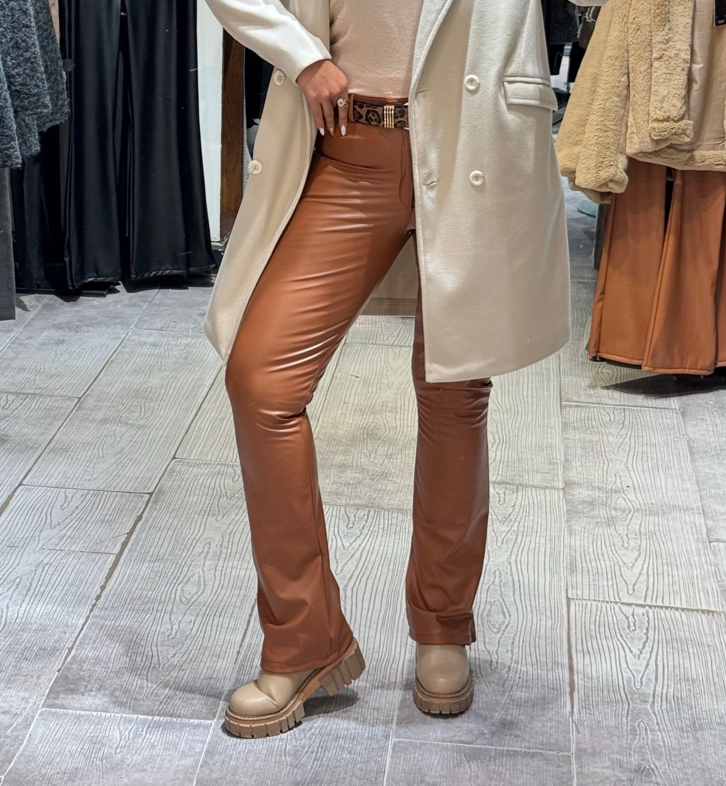 Brown flare fit leather pants with zipper