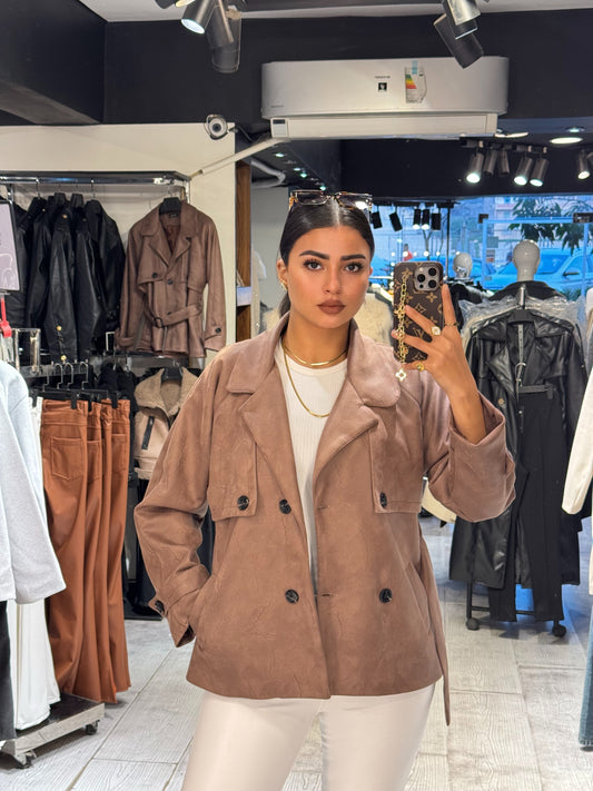 Brown printed sweed buttoned jacket with belt