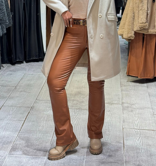 Brown flare fit leather pants with zipper