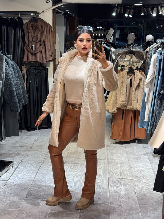 Beige fox fur long coat